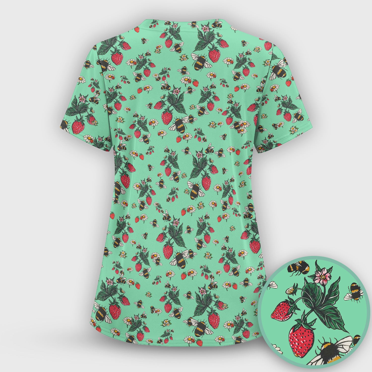 Cute Strawberry Bee Daisy Floral Pattern Scrub Set, Scrub Pants and V Neck Top