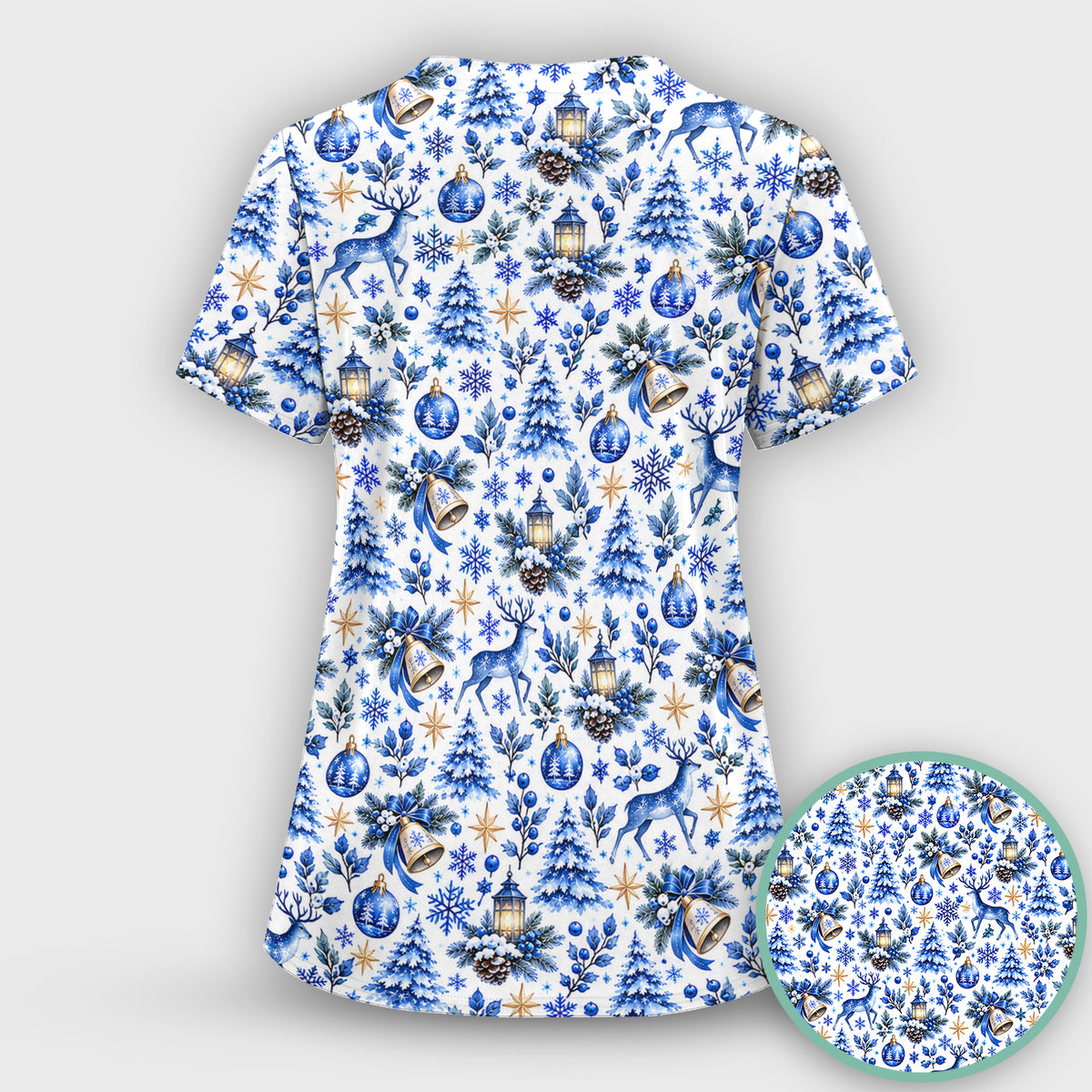 Blue Christmas Reindeer And Winter Trees Scrub Set, Scrub Pants and V Neck Top