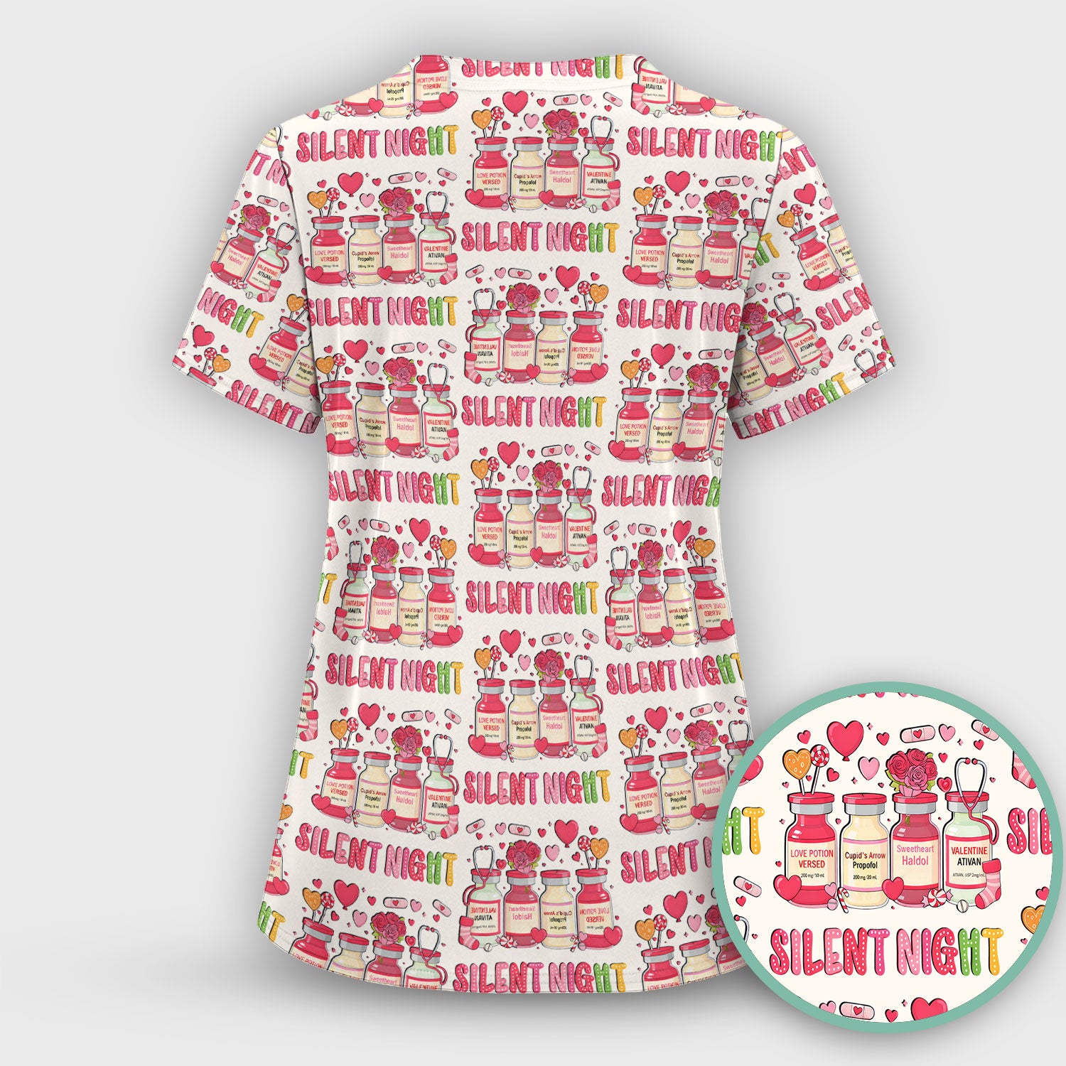 Valentine Silent Night Love Design Scrubs Set, Breathable Med Uniform