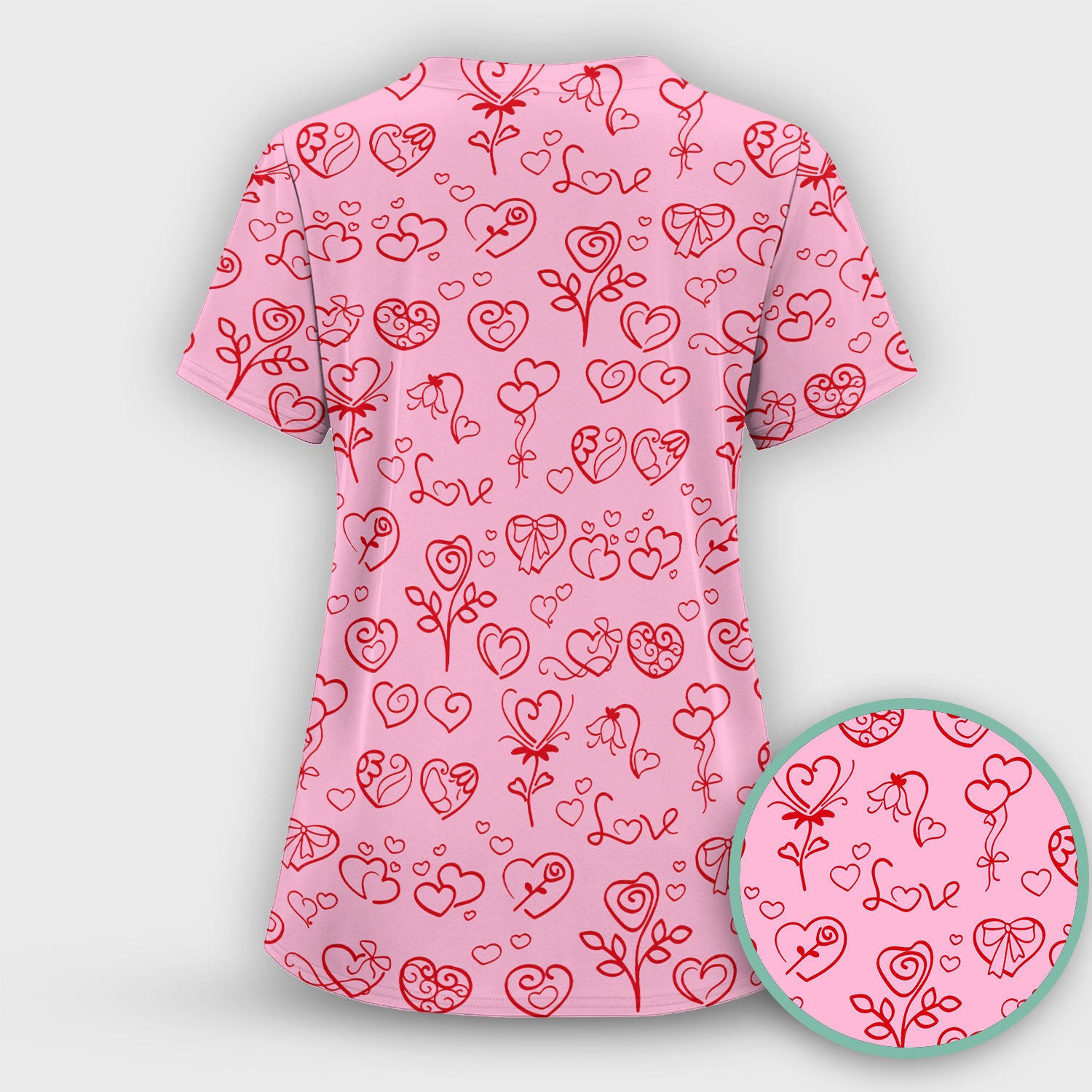 Cute Valentine Heart Scrub Set, Artistic Heart Pink Love Line Art Pattern Nurse Shirt, Comfortable Scrubs For Nursing