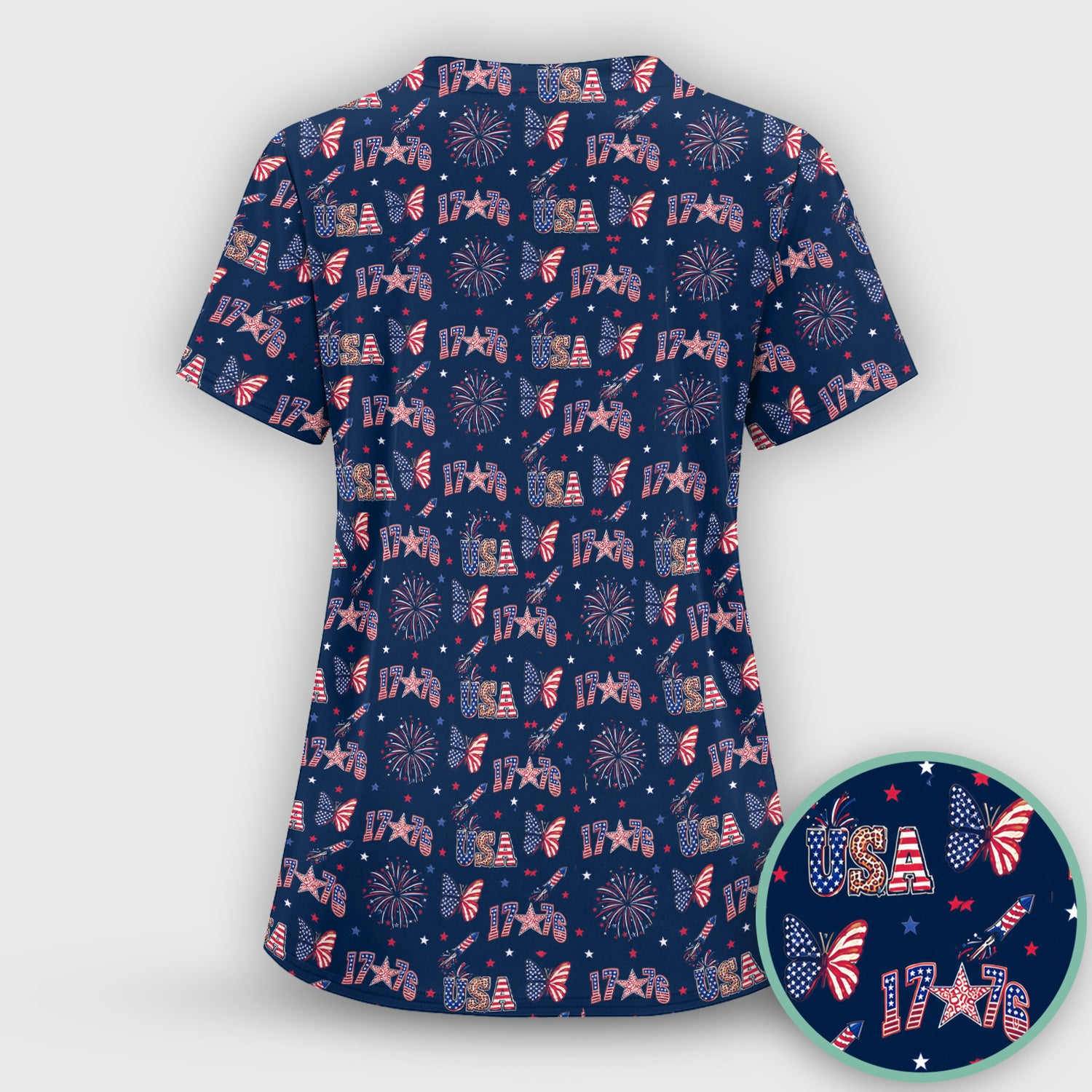 USA Fireworks Butterfly Pattern Scrub Set, Scrub Pants and V Neck Top
