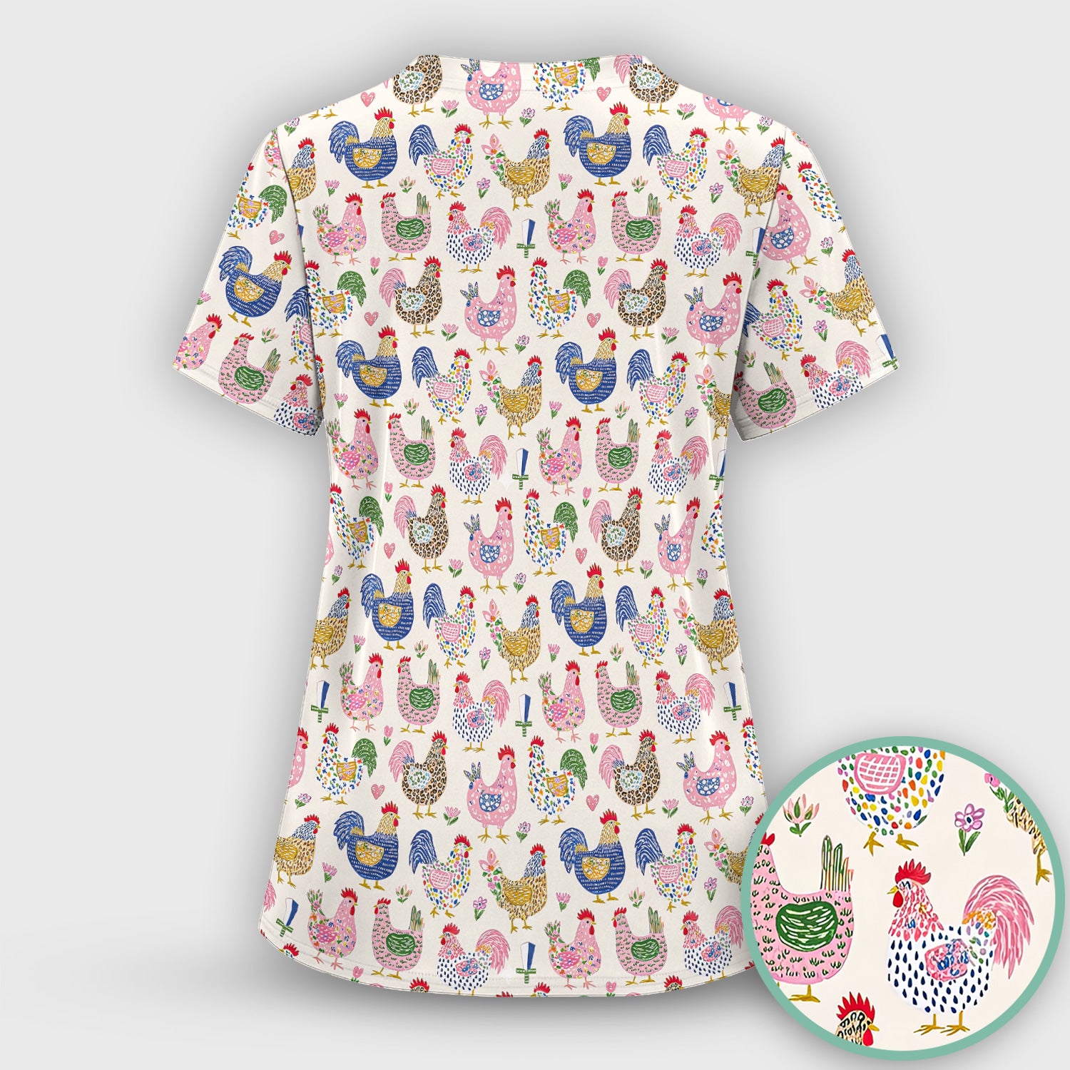 Funny Chicken Rooster Pattern Scrub Top, Breathable Fabrics Nursing Uniform
