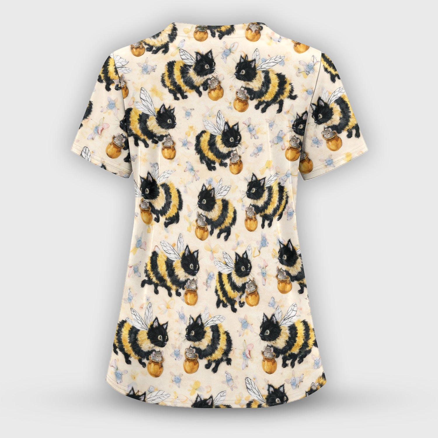Adorable Nurse Bumblebee Cat Honey Jar Winged Pattern Scrub Top, Comfortable Scrubs for Nurses