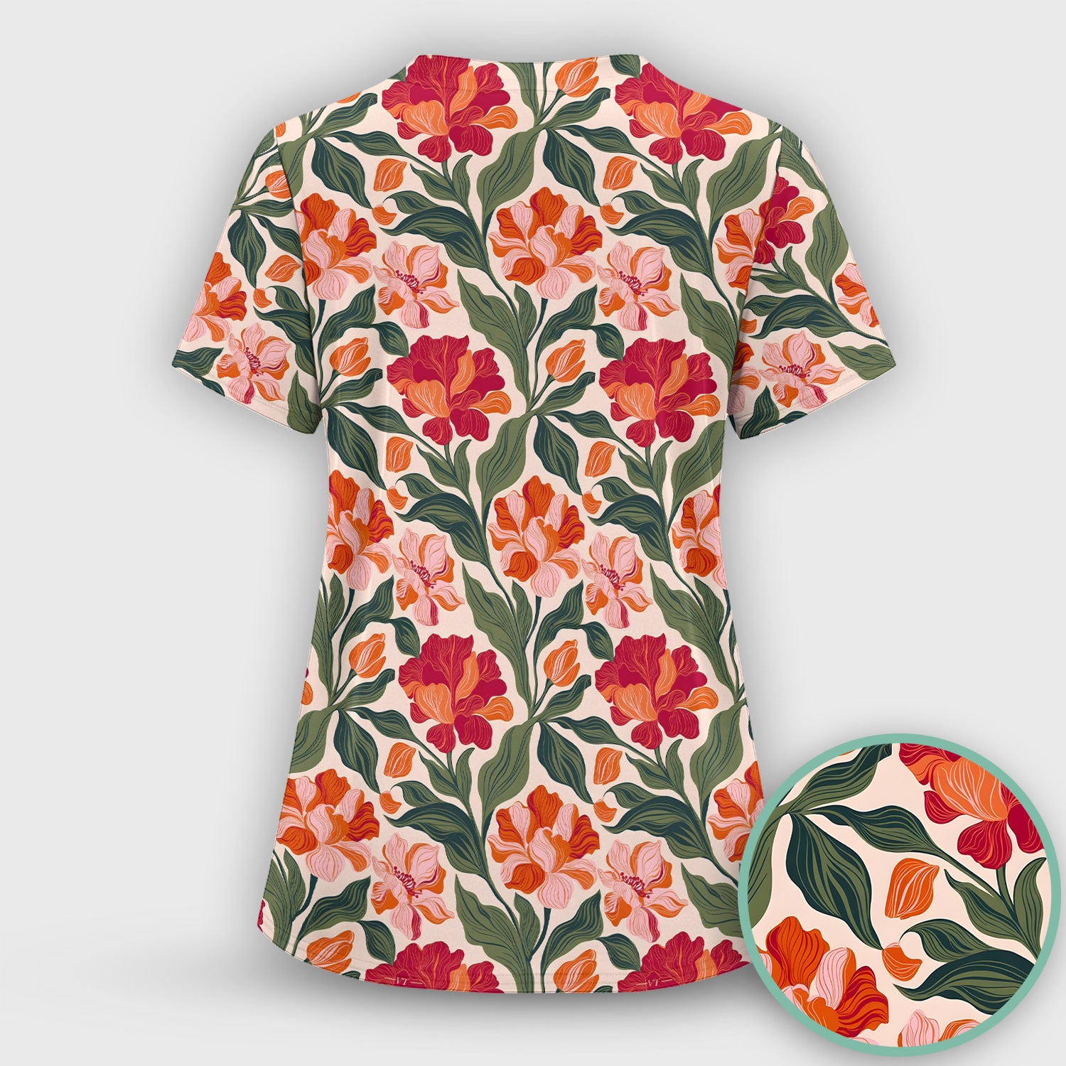 Pretty Tropical Floral Print Scrub Set, Scrub Pants and V Neck Top