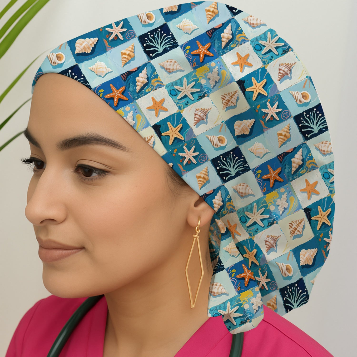 Cute Seashell Starfish Ocean Tile Pattern Nurse Scrub Cap, Surgical Caps for Doctors