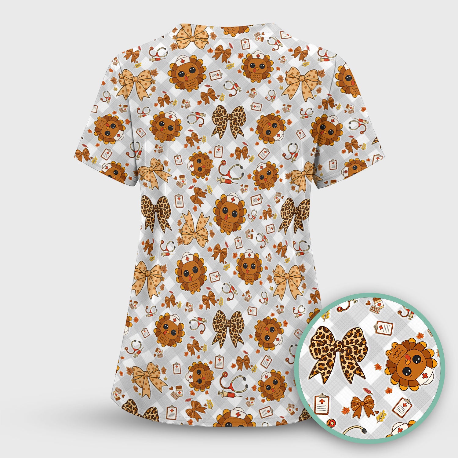 Thanksgiving Turkey Scrub Top for Nurses - Cute Fall Leaves and Bow Shirt - Funny Autumn Nursing Gift for Women RN LPN CNA