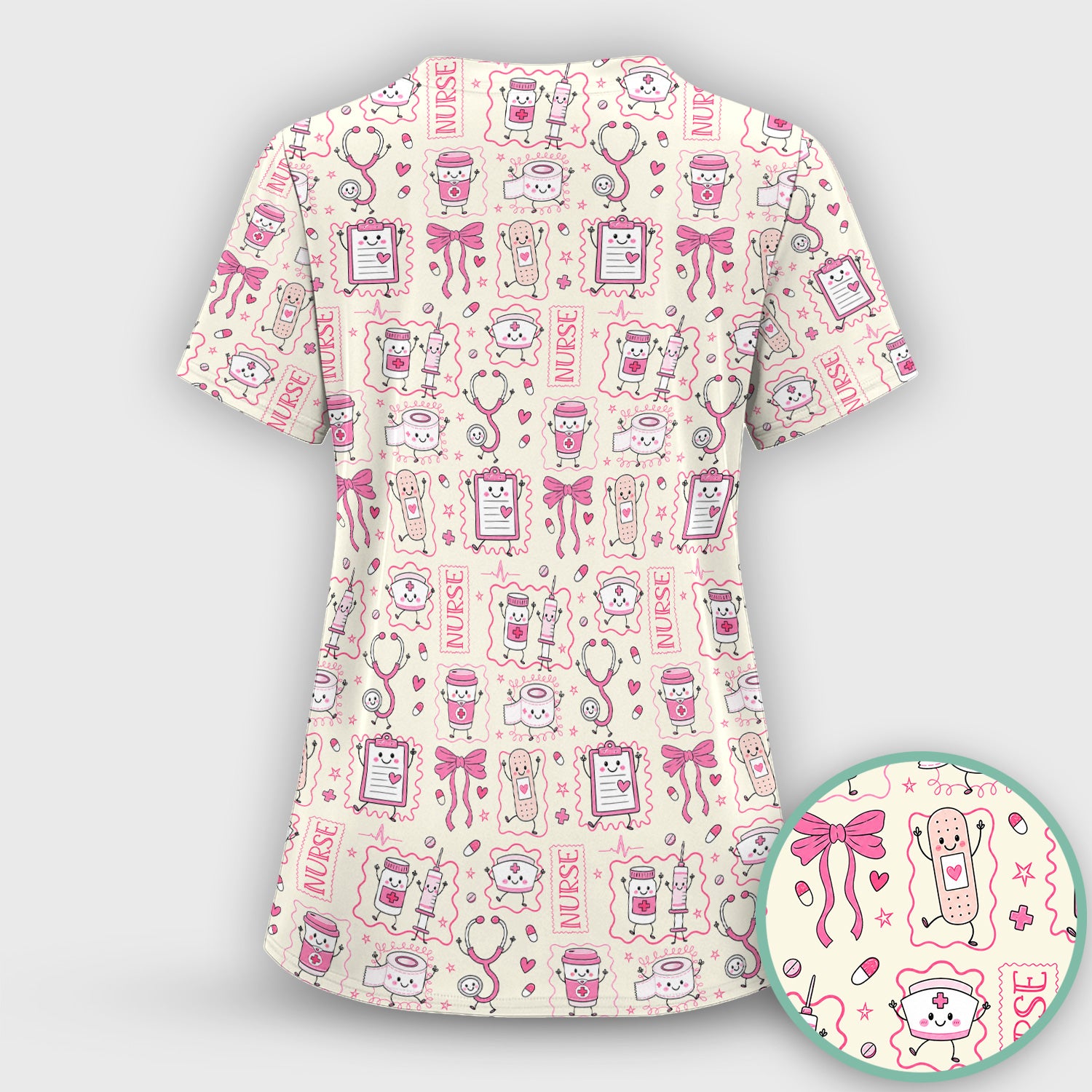 Cute Nurse Doodle with Bandage & Coffee Icons Scrub Top, Comfortable Scrubs for Nurses