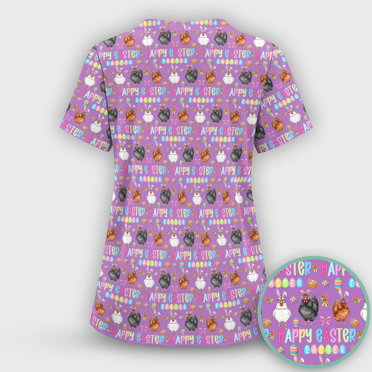 Happy Easter Bunny Eggs Pattern Scrubs Top, Comfortable Scrubs for Nurses