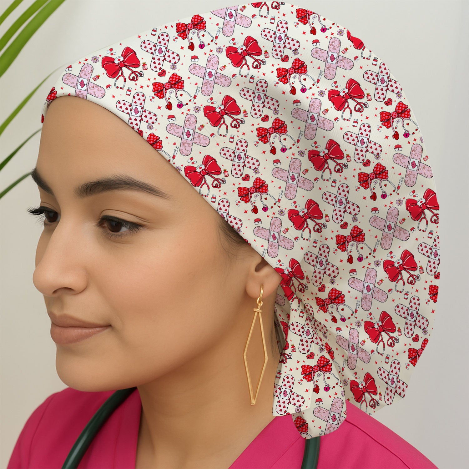 Valentine Nurse Scrub Cap, Red Bow And Heart Bandage Pattern Medical Hat, Breathable Fabrics Nursing Uniform