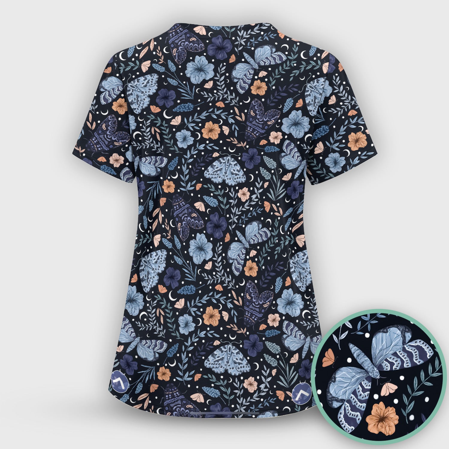 Charming Night Moth Butterfly Floral Pattern Scrub Top, Comfortable Scrubs for Nurses