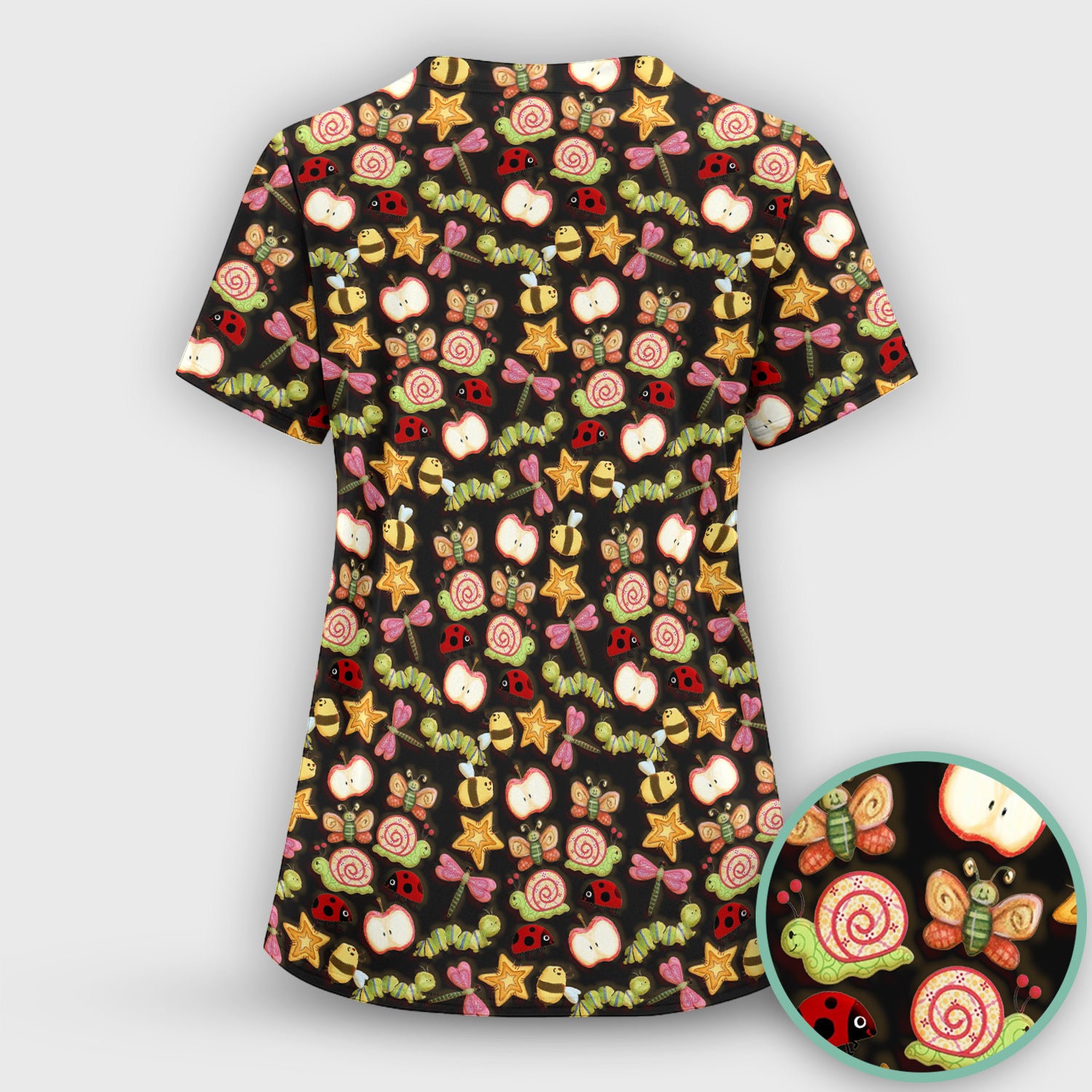 Cute Nurse Snail Ladybug Caterpillar Apple Garden Pattern Scrub Top, Breathable Fabrics Nursing Uniform