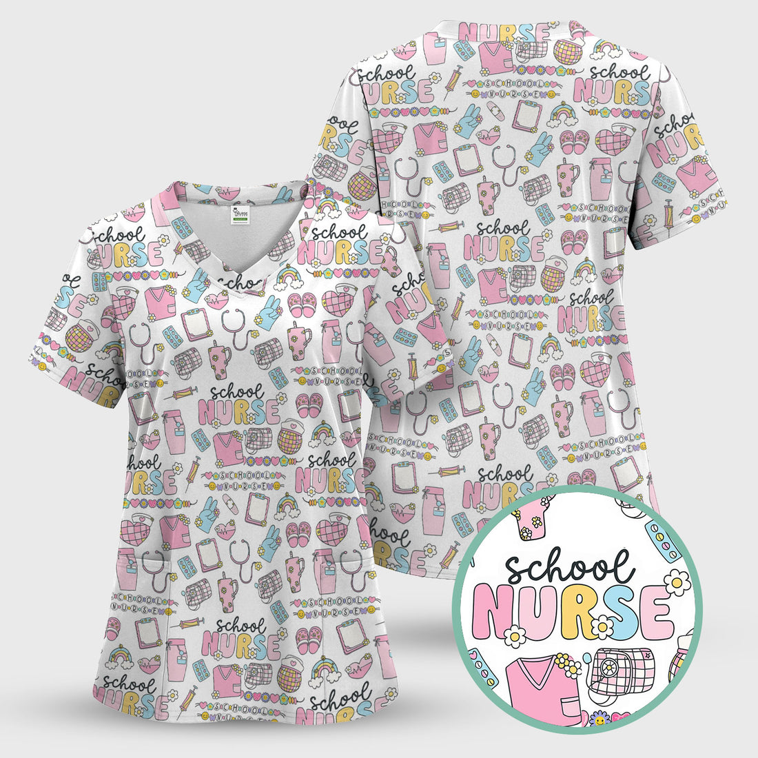 Cute School Nurse Scrub Top - Doodle Style Rainbow & Stethoscope Design - Gift for Women RN LPN & School Nurses