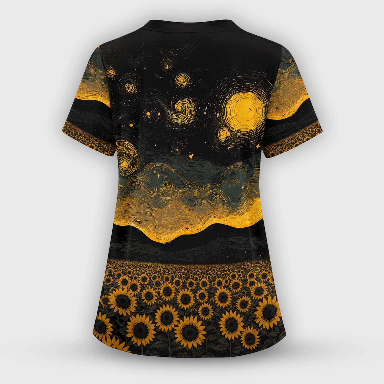 Cute Black Cat Sunflower Night Pattern Scrub Top, Comfortable Scrubs for Nurses