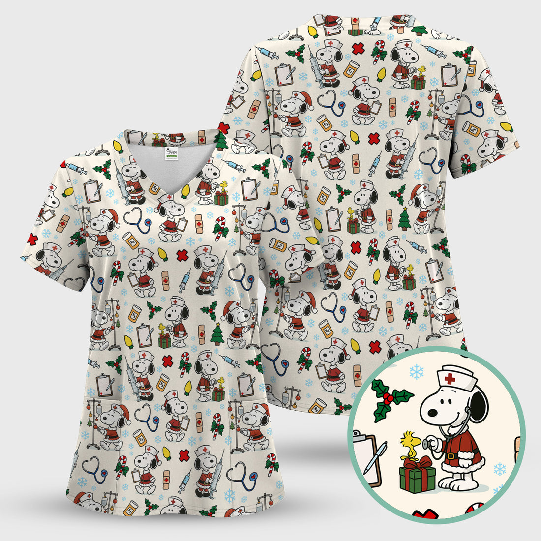 Snoopy Christmas Nurse Scrub Shirt - Cute Holiday Scrub Top Multi Colors - Funny Nursing Work Shirt with Pockets