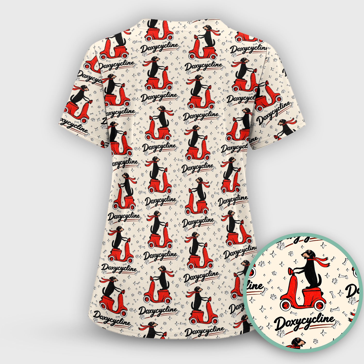 Funny Dachshund Riding Scooter Doxycycline Print Scrub Top ,Comfortable Scrubs for Nurses