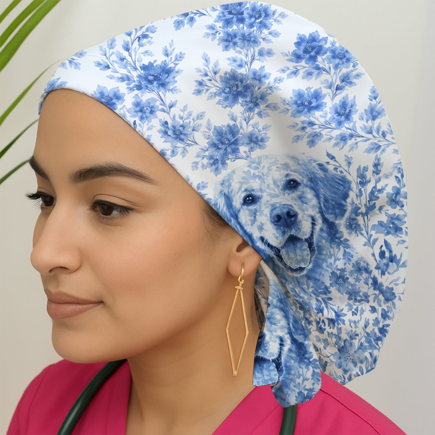 Personalized Pet Photo Floral Scrub Cap, Surgical Caps for Doctors
