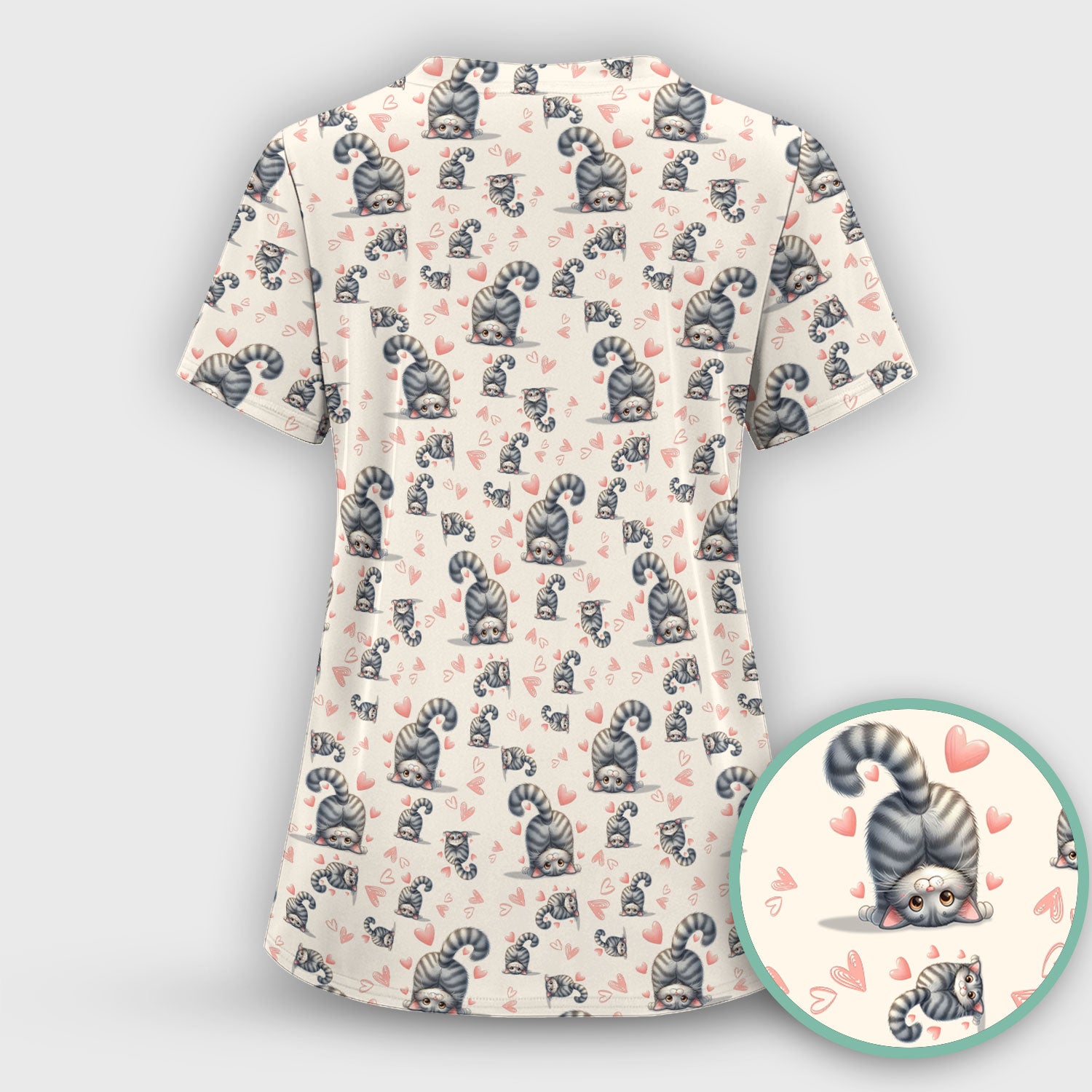 Valentine Cute Cat Scrub Top, Cat Heart Pattern Nurse Uniform, Comfortable Scrubs For Nurses