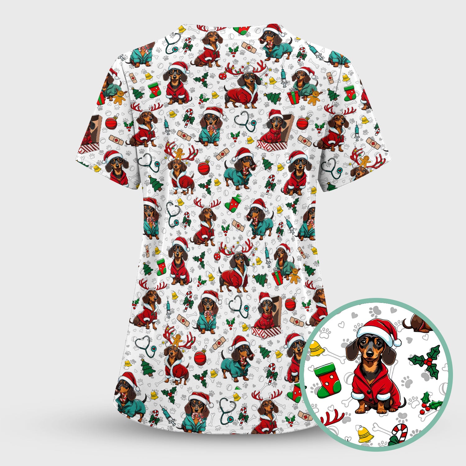 Christmas Dachshund Scrubs for Nurses - Cute Sausage Dog Holiday Scrub Top - Funny Reindeer & Santa Medical Shirt for Women