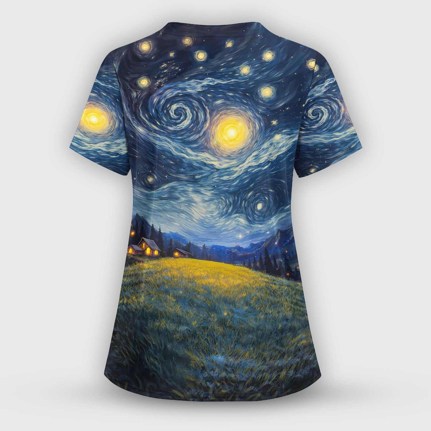 Funny Black Cat Cosmic Night Sky Pattern Scrub Top, Comfortable Scrubs for Nurses