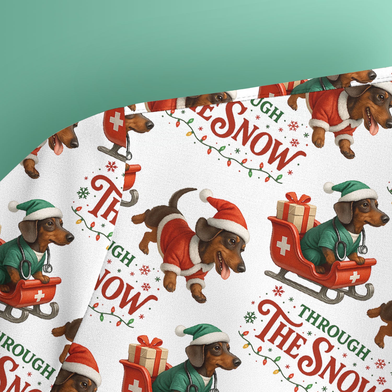 Dachshund Christmas Scrub Top, Cute Dog Nurse Scrub Shirt, Through The Snow Pattern Nursing Uniform