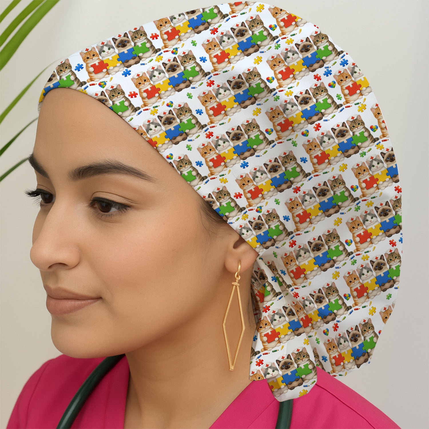 Autism Awareness Nurse Scrub Cap, Cat Autism Pattern Nurses Hat, Comfortable Uniform Scrubs For Nursing