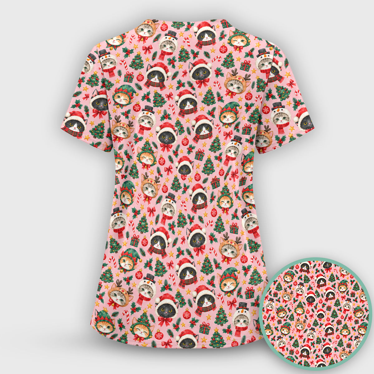 Christmas Cats And Trees Pattern Scrub Set, Scrub Pants and V Neck Top