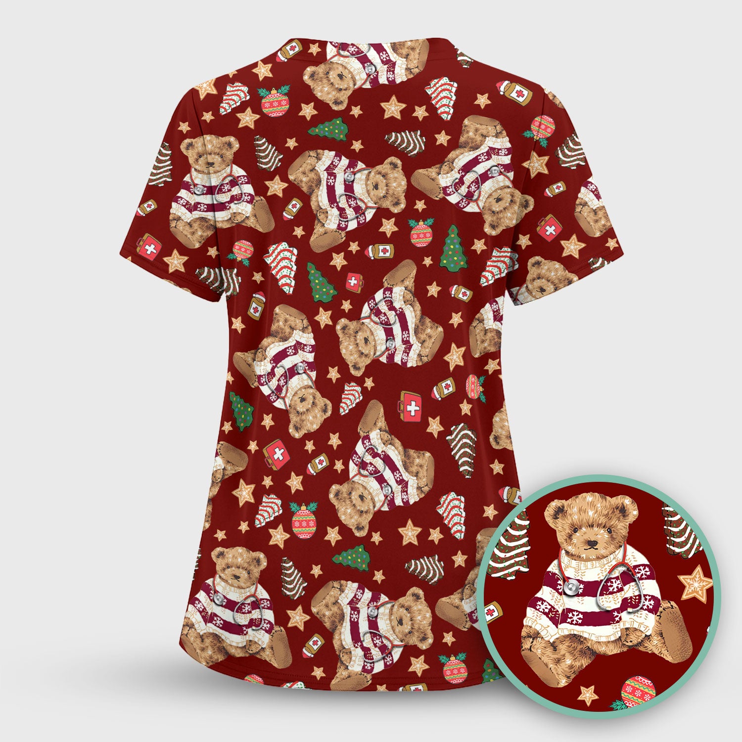 Teddy Bear Christmas Scrub Top - Cute Holiday Medical Pattern with Warm Sweater Bear - Gift for Nurses RN CNA LPN