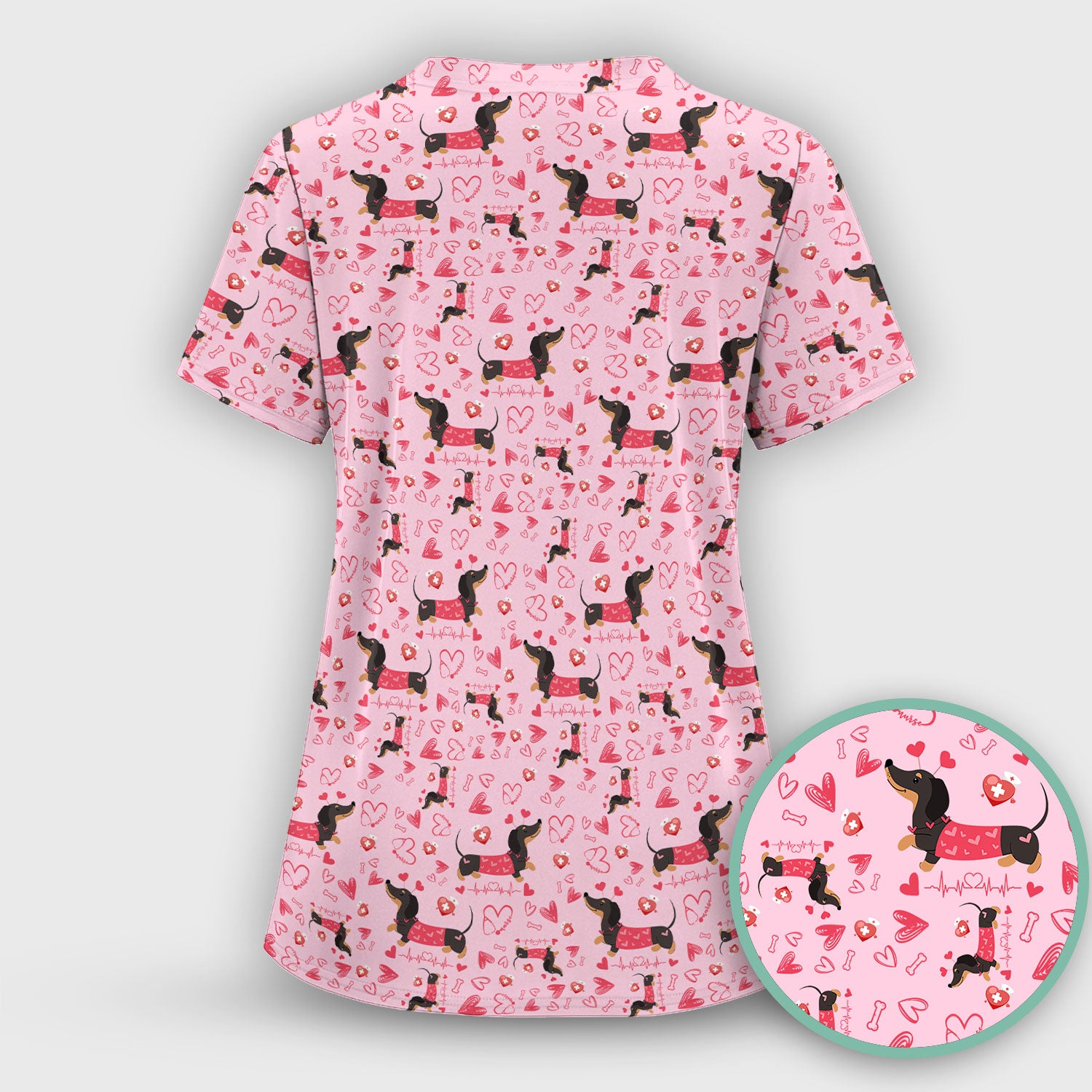 Dachshund Valentine Scrub Set, Cute Wiener Dog Heart Pattern Nurse Shirt, Breathable Fabrics Nursing Uniform