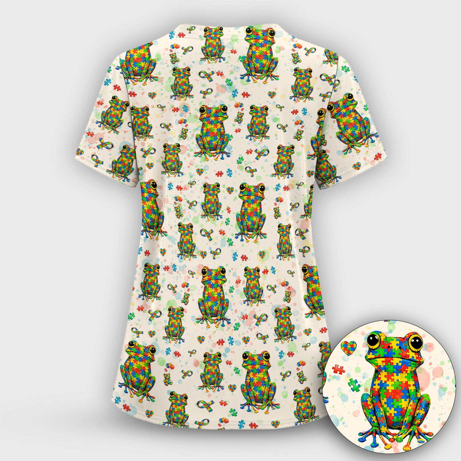 Colorful Autism Puzzle Frog Pattern Scrubs Top, Comfortable Scrubs for Nurses