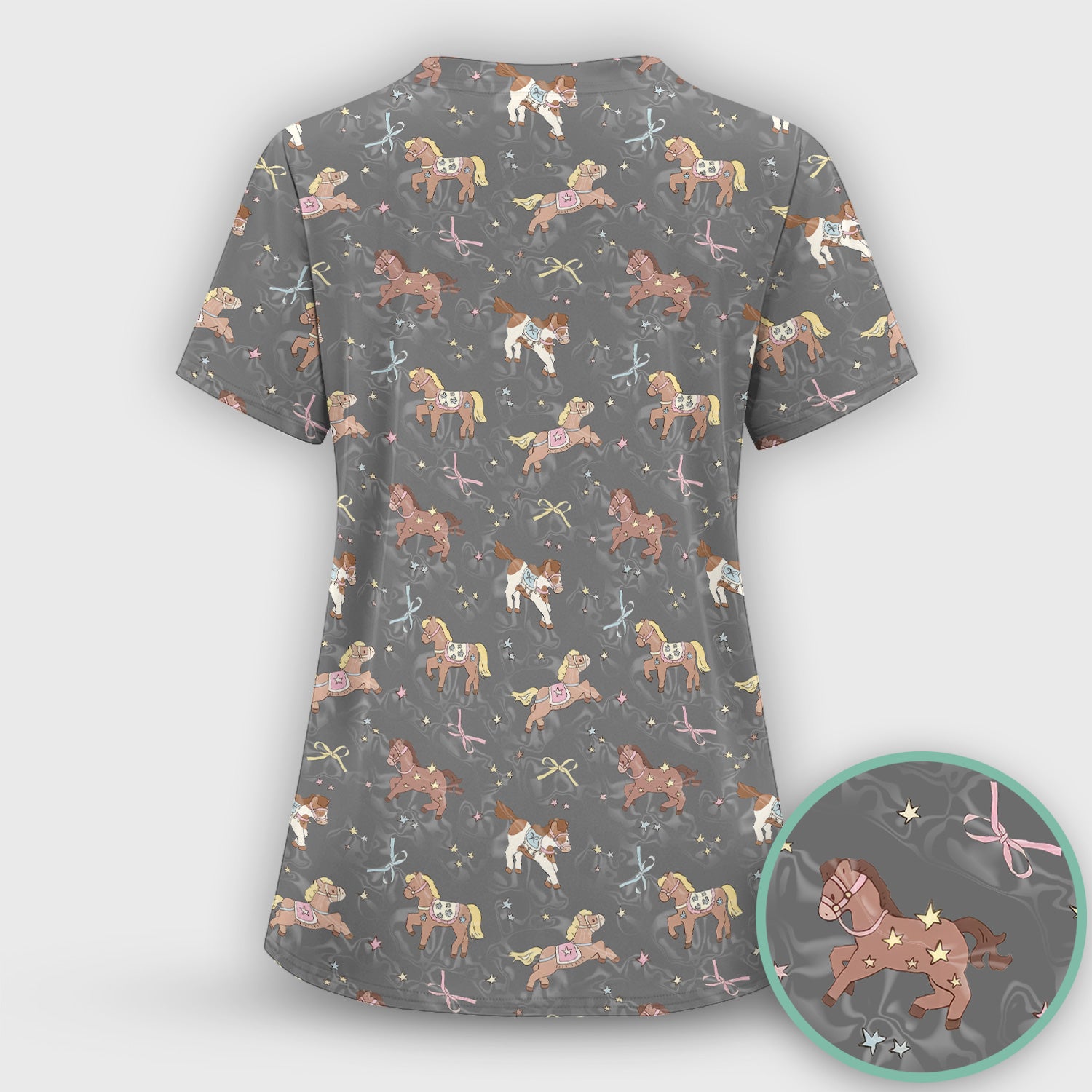 Cute Pony Star Pattern Scrub Top, Comfortable Scrubs for Nurses