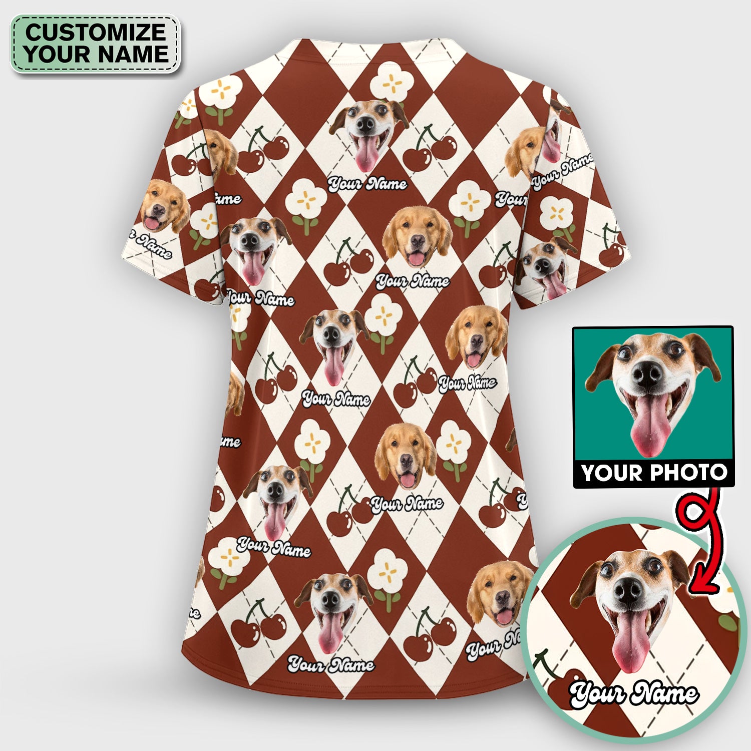 Custom Dog Face Scrub Set, Playful Dog Cherry Argyle Pattern Shirt, Breathable Fabrics Nursing Uniform