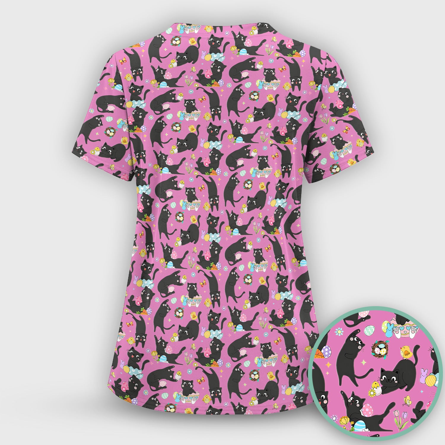 Playful Black Cat Easter Egg Pattern Scrub Top, Comfortable Scrubs for Nurses