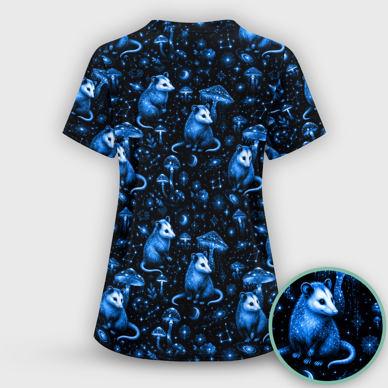 Celestial Blue Opossum With Mushroom Pattern Scrub Top, Comfortable Scrubs for Nurses