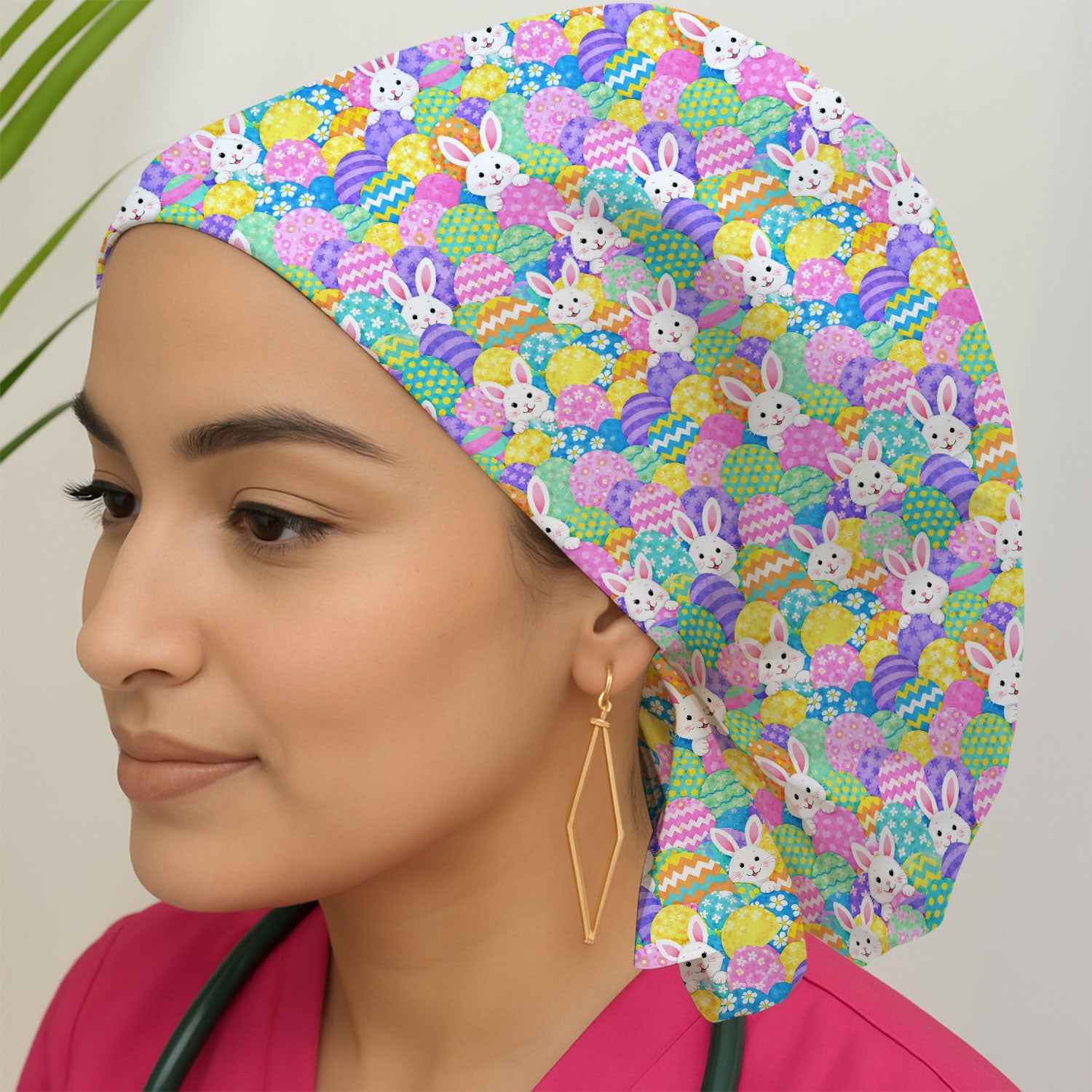 Easter Bunny Colorful Egg Pattern Print Cap, Bouffant Scrub Caps for Women