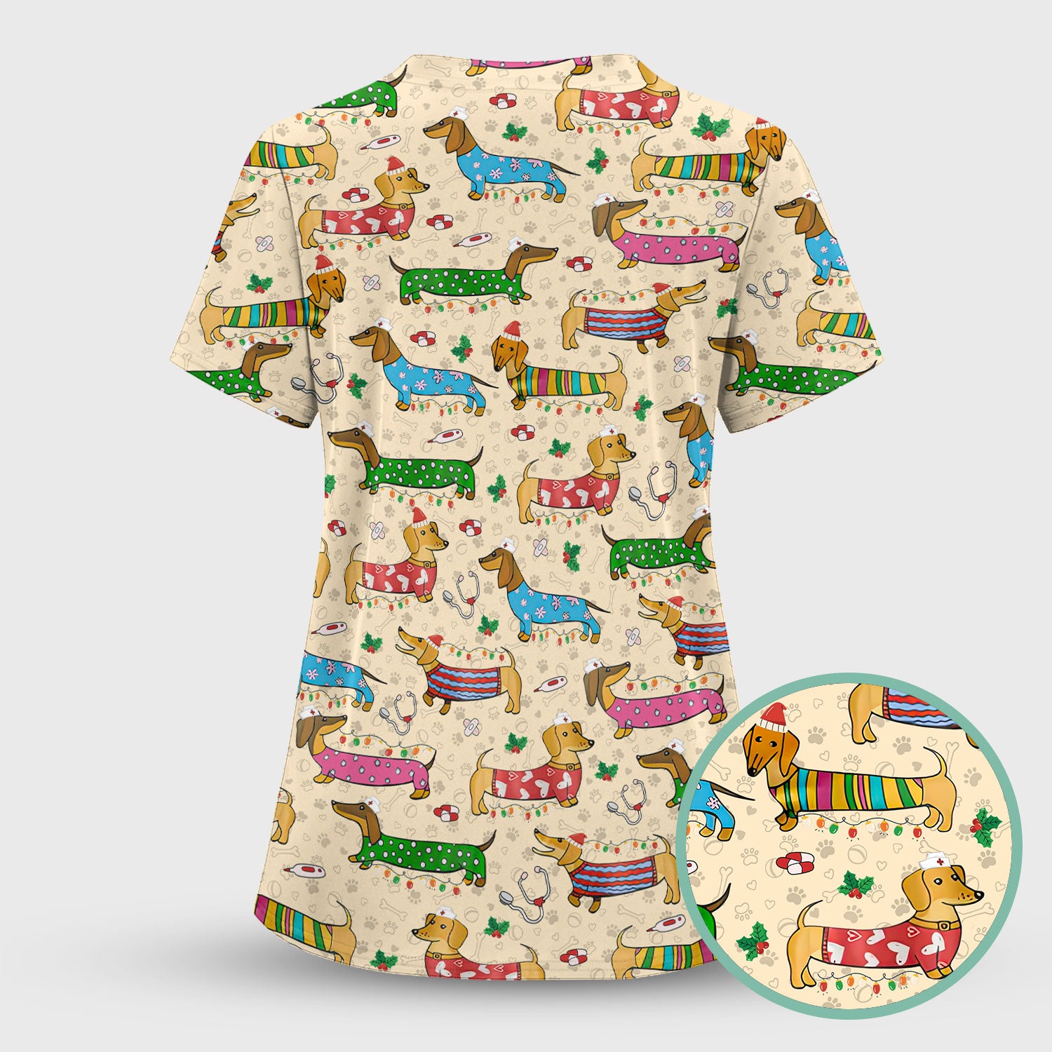 Christmas Dachshund Nurse Scrub Top - Cute Wiener Dog in Holiday Outfit - Funny Medical Shirt Gift for Women RN LPN CNA