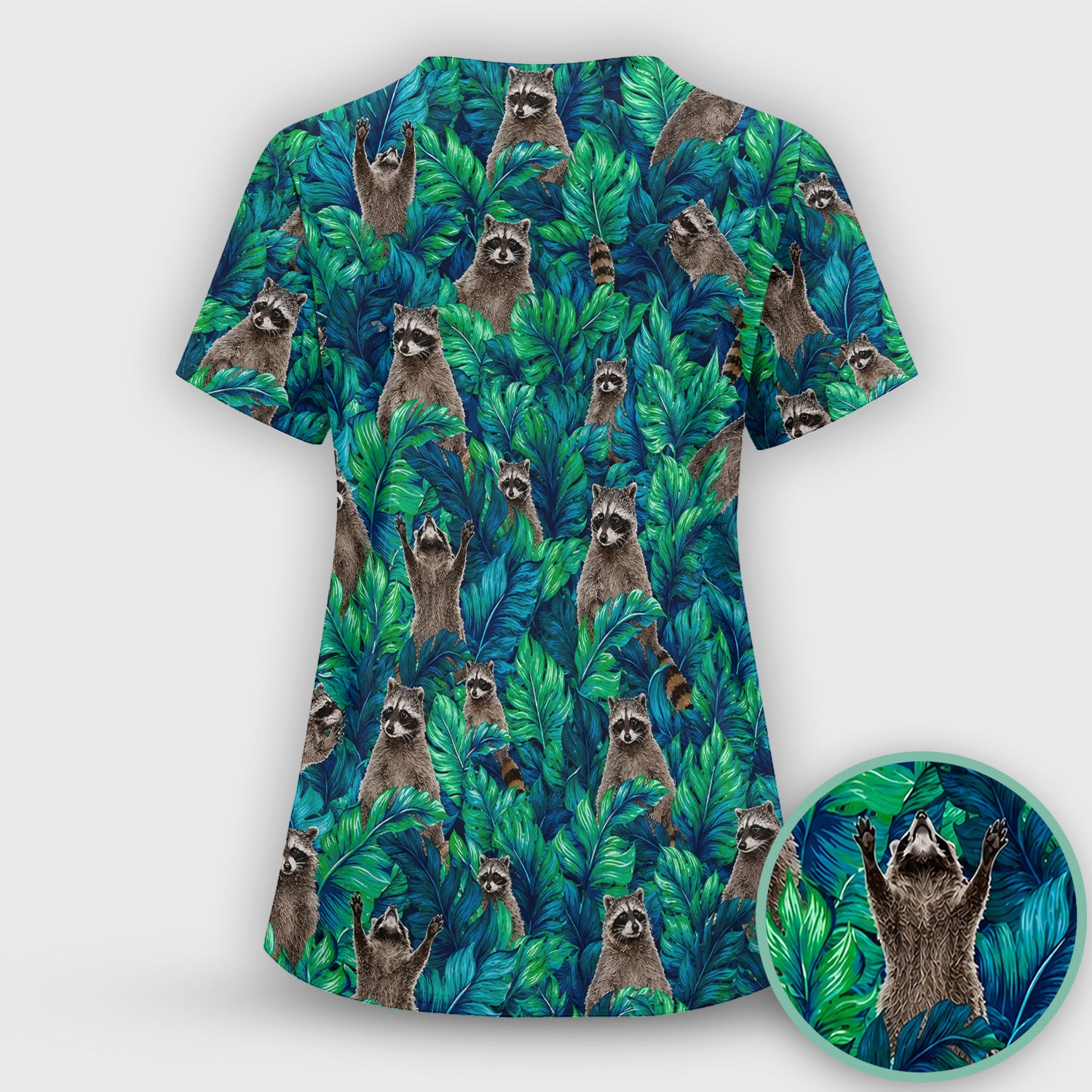 Tropical Raccoon Jungle Leaves Pattern Scrub Set, Scrub Pants and V Neck Top