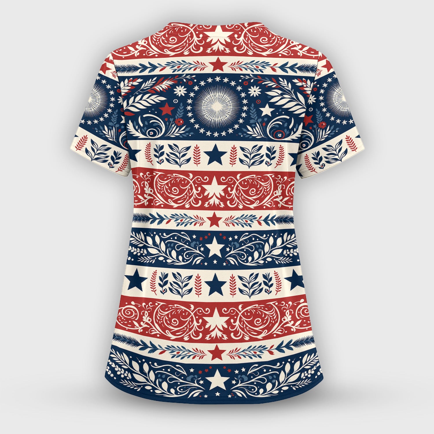 Patriotic Americana Starburst Floral Pattern Scrub Set, Scrub Pants and V Neck Top
