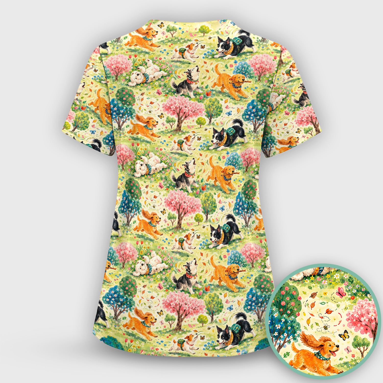 Playful Spring Garden Dogs Pattern Scrub Top, Comfortable Scrubs for Nurses