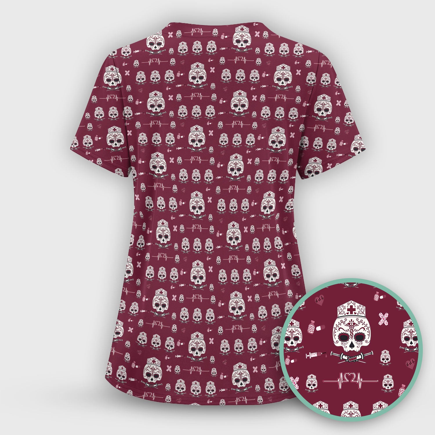 Sugar Skull Scrub Top, Skull Pattern Scrub Shirt, Breathable Fabrics Nursing Uniform