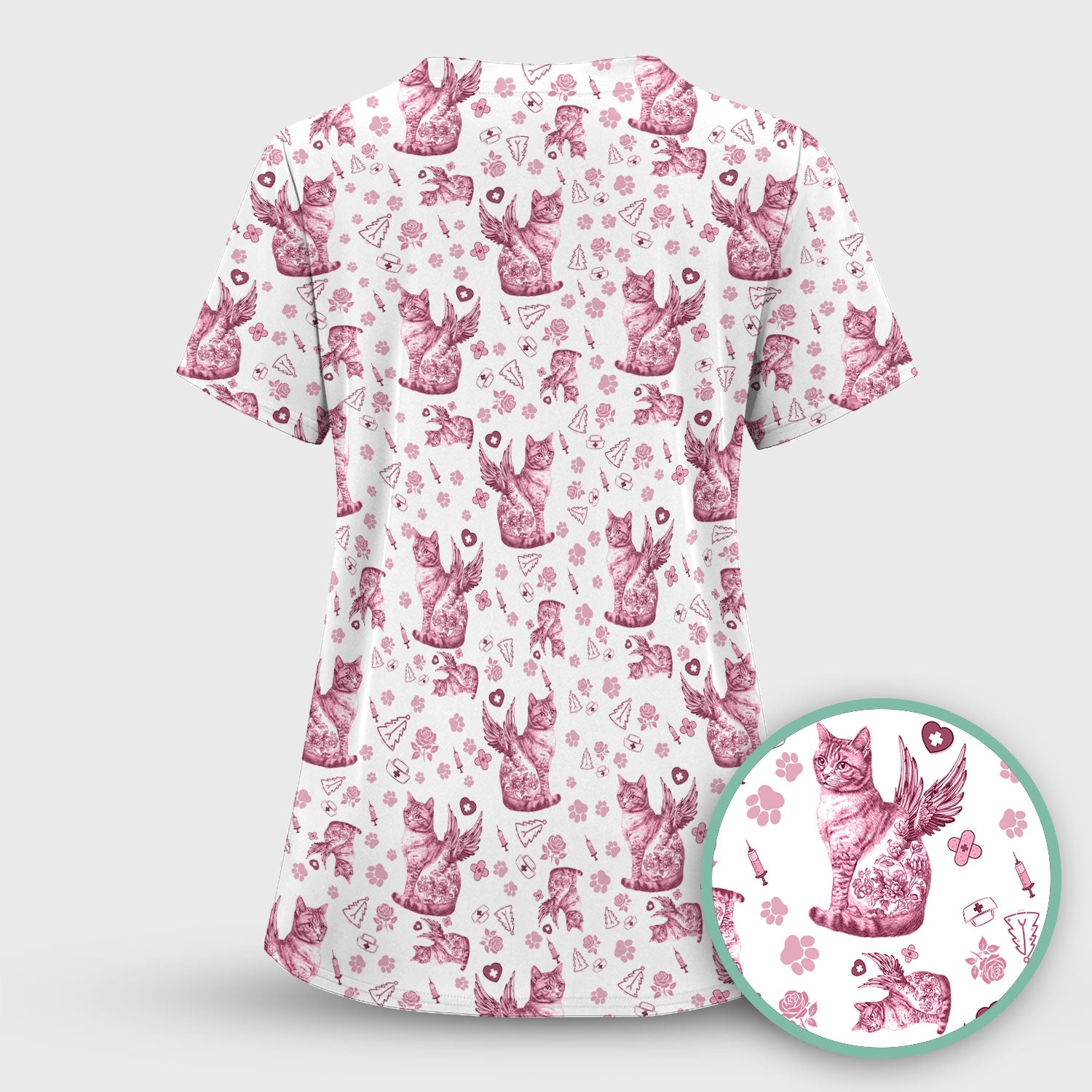 Toile de Jouy Cat Angel Scrub Top - Blue Vintage Nurse Shirt - French Style Medical Uniform for Women RN LPN CNA Gift