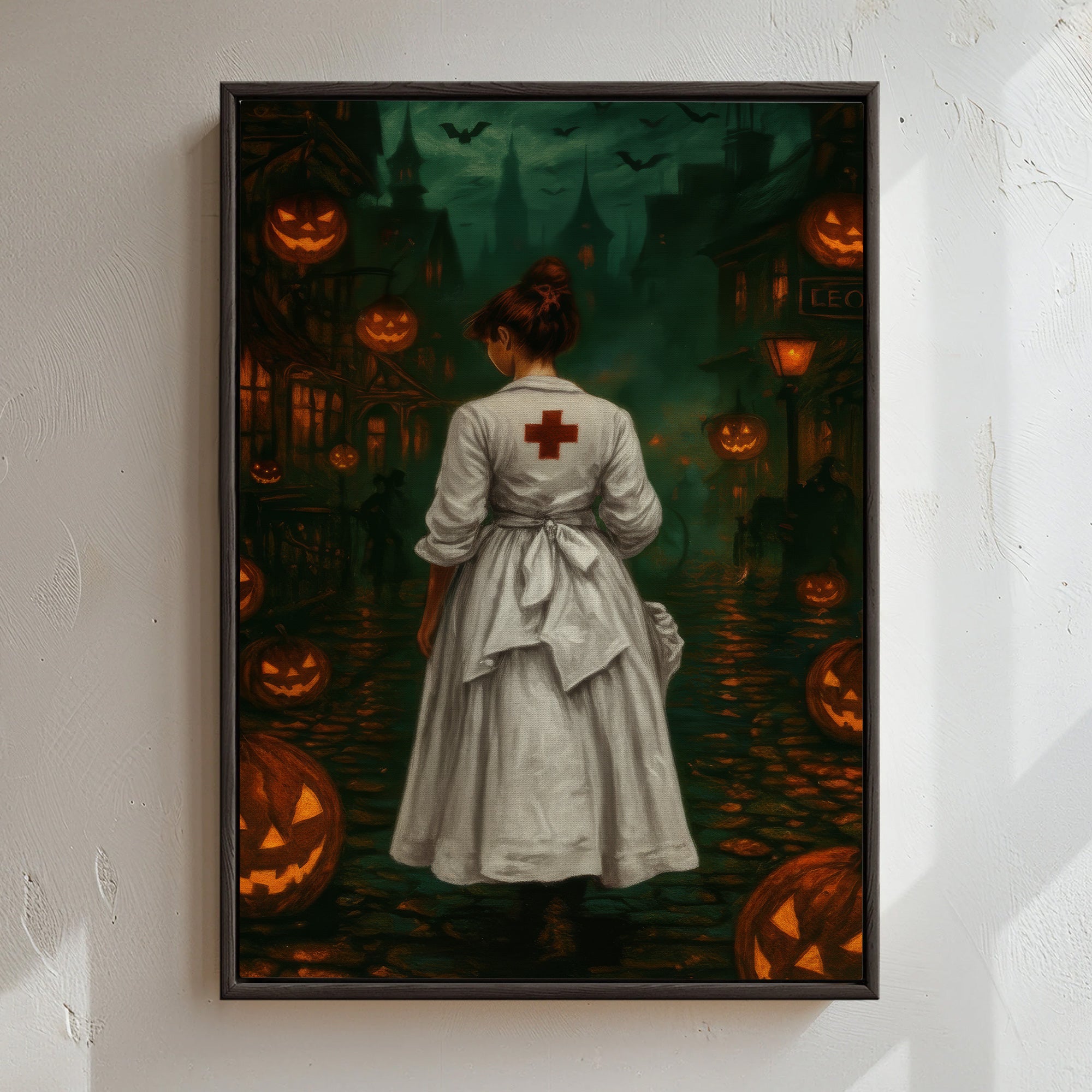 Creepy Vintage Nurse Canvas for Halloween, Haunted Street & Glowing Pumpkin, RN LPN CNA Gift