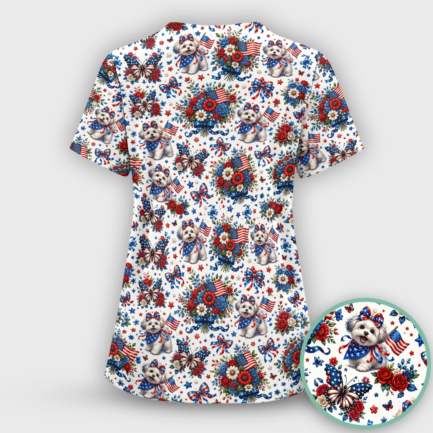 Patriotic Puppy Floral Bouquet Pattern Scrub Top, Comfortable Scrubs for Nurses
