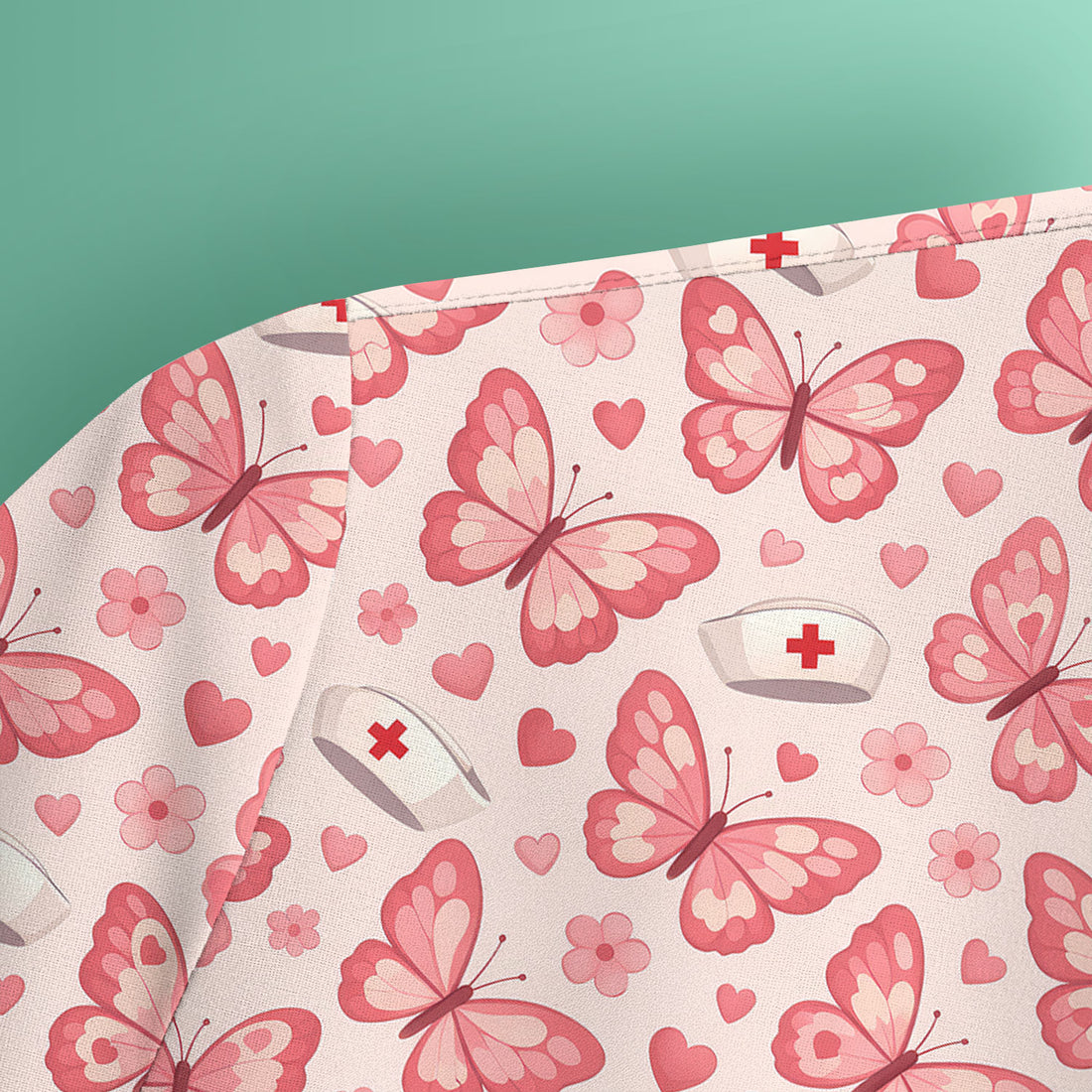 Valentine Butterfly Pattern Nurse Scrub Top, Pink Heart Medical Shirt For Women, Breathable Fabrics Nursing Uniform