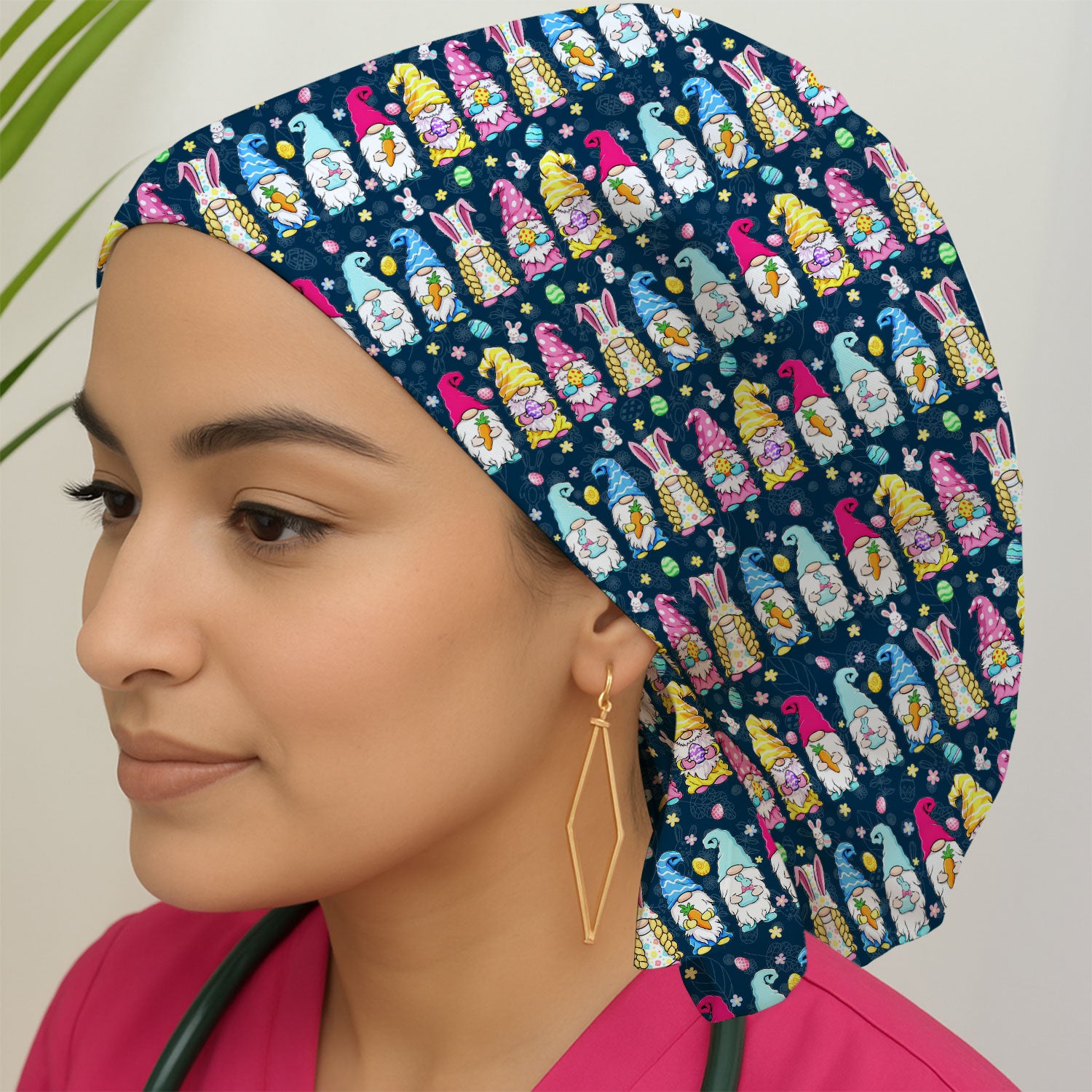 Colorful Easter Gnome Bunny Eggs Pattern Cap, Bouffant Scrub Caps for Women