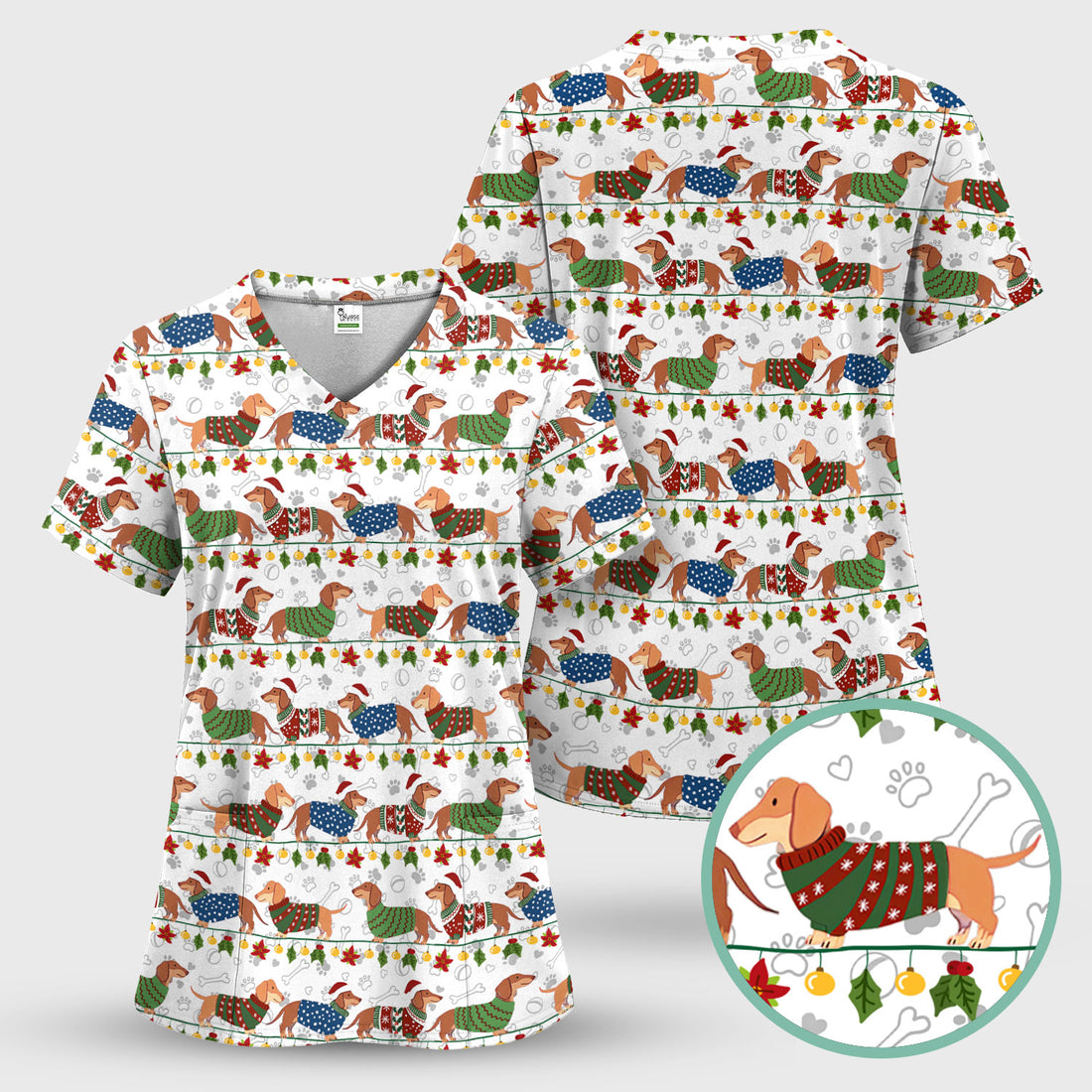 Holiday Wiener Dog Nurse Scrub Top - Festive Sausage Dog Christmas Medical Shirt for RN CNA LPN Women