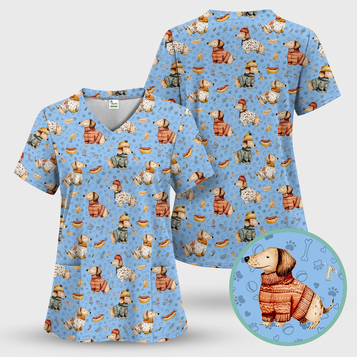 Autumn Dachshund Scrub Top - Cute Wiener Dog Nurse Shirt for Women - Cozy Fall Medical Uniform RN CNA LPN Thanksgiving Gift