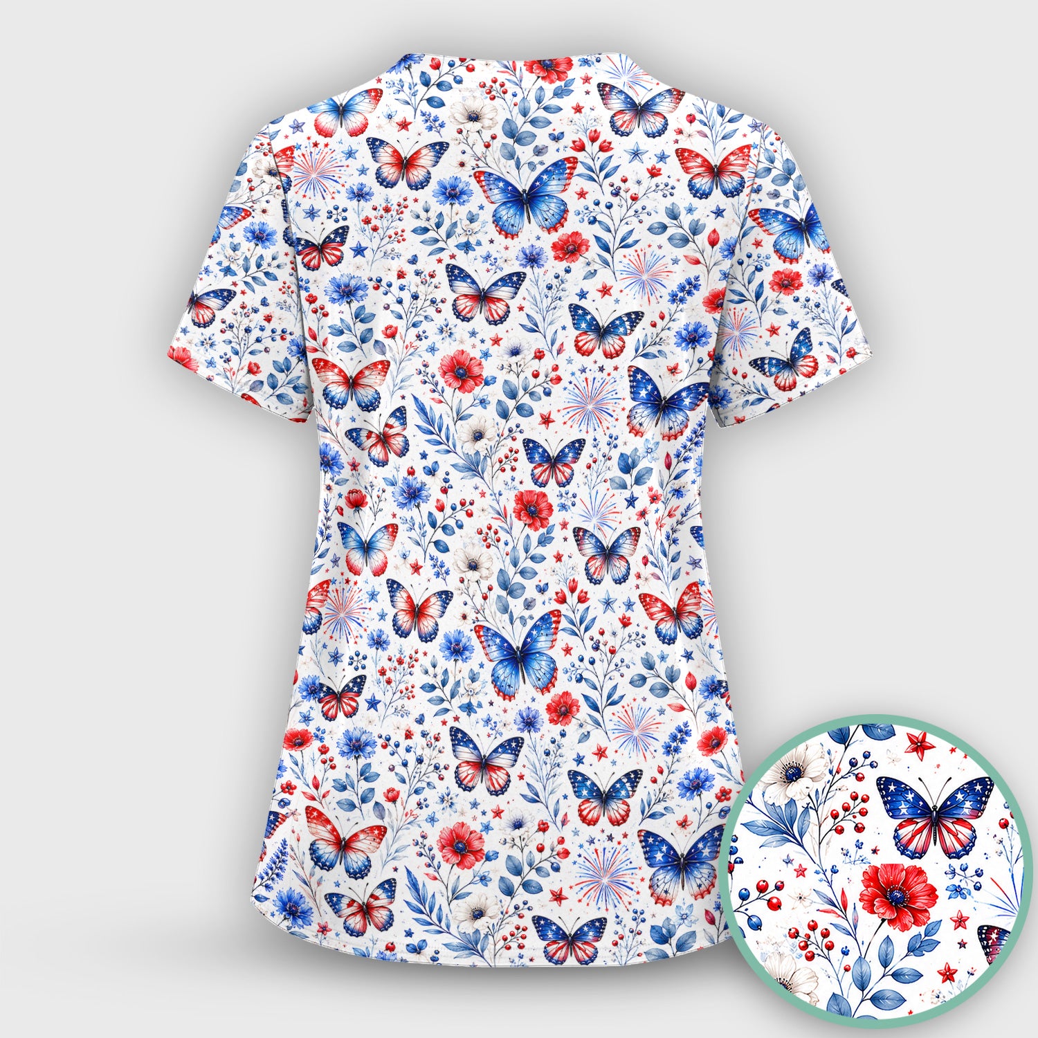 Patriotic Butterfly Fireworks Floral Pattern Scrub Top, Comfortable Scrubs for Nurses
