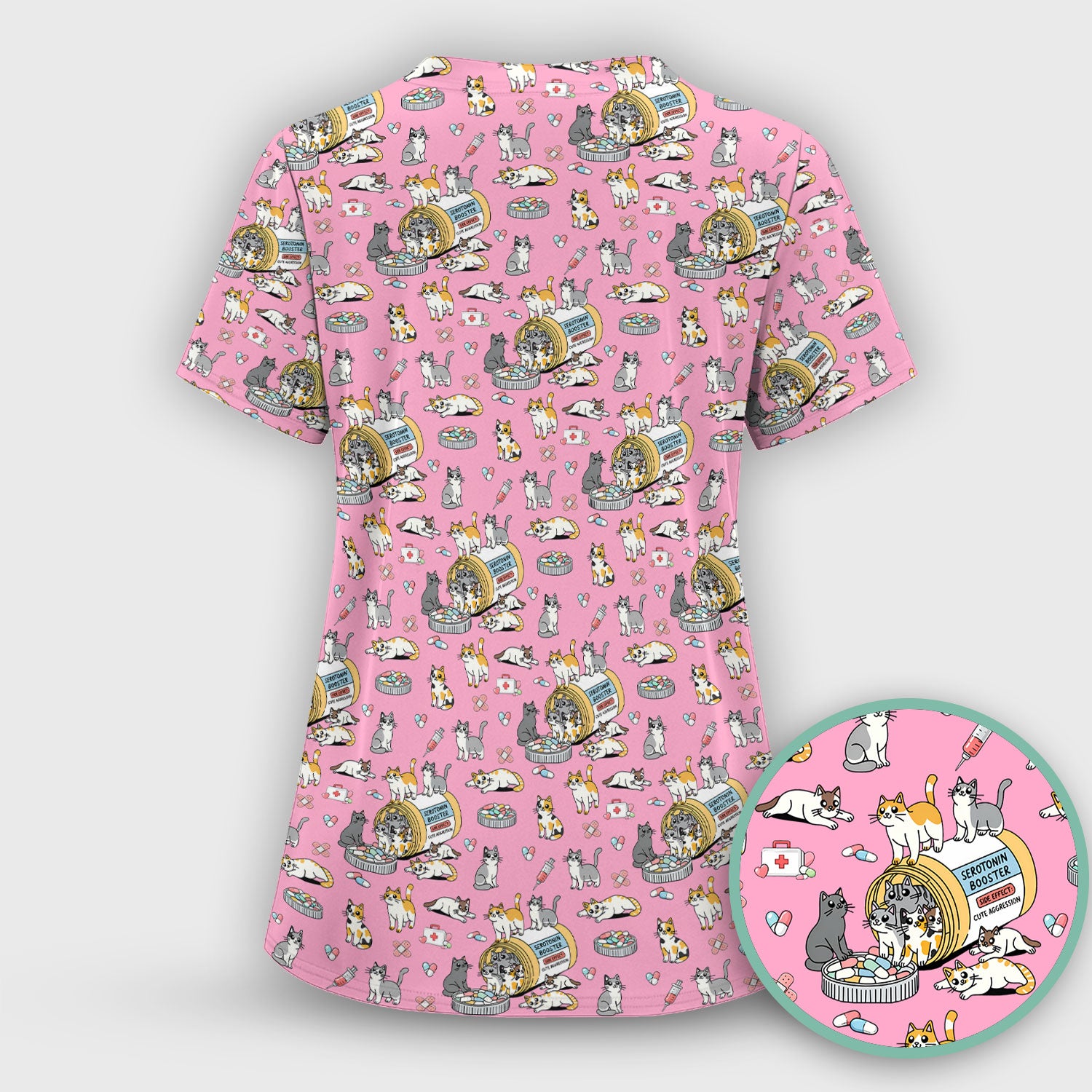 Cute Cat Serotonin Booster Pattern Scrub Top, Comfortable Scrubs for Nurses