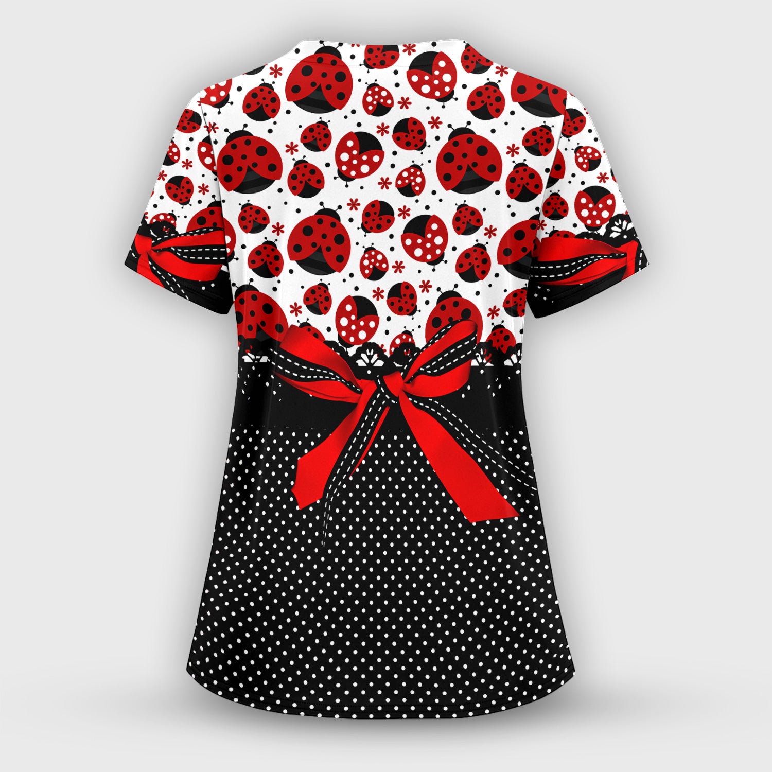 Cute Ladybug Red Ribbon Polka Pattern Scrub Top, Breathable Fabrics Nursing Uniform