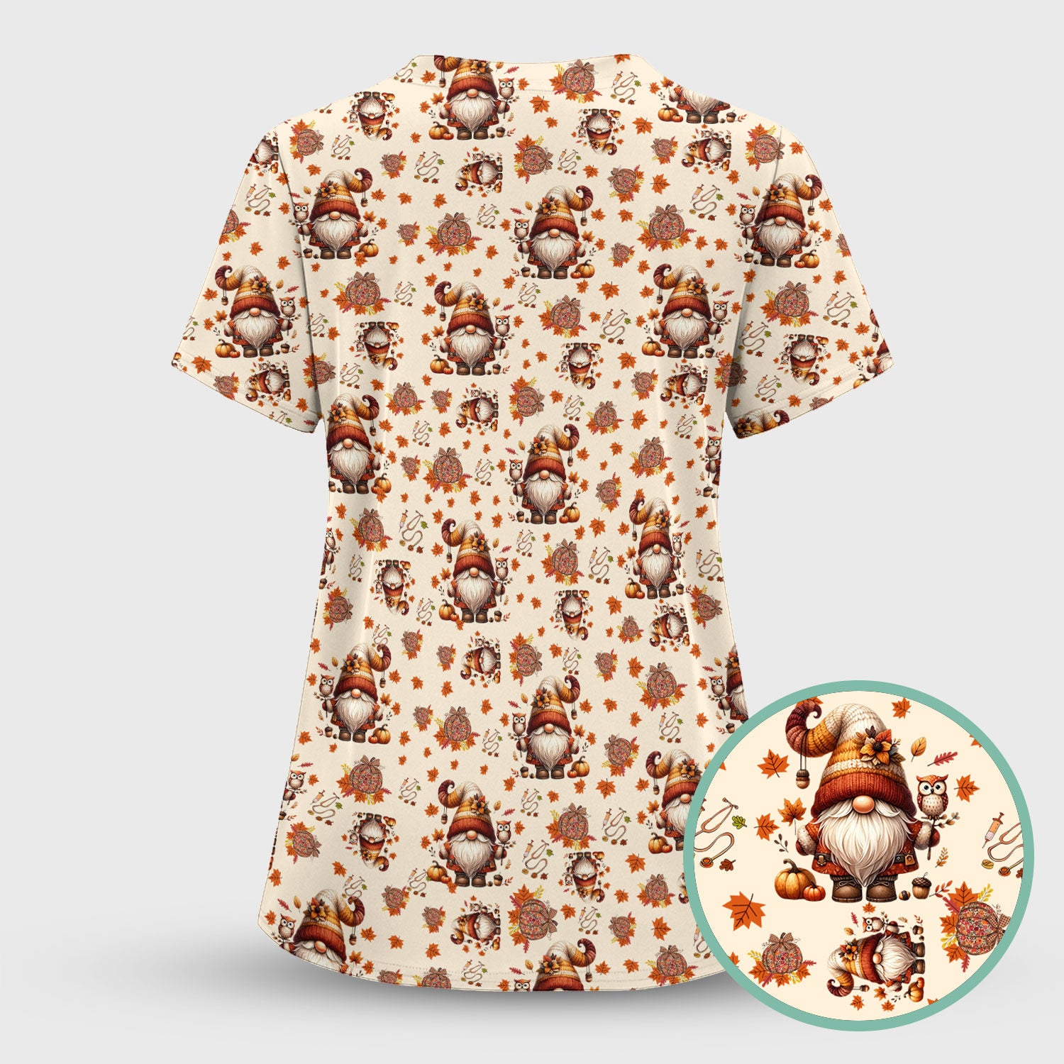 Fall Gnome Nurse Scrub Top for Women - Autumn Leaves Pumpkin Shirts - Thanksgiving Nursing Uniform Gift for RN LPN CNA